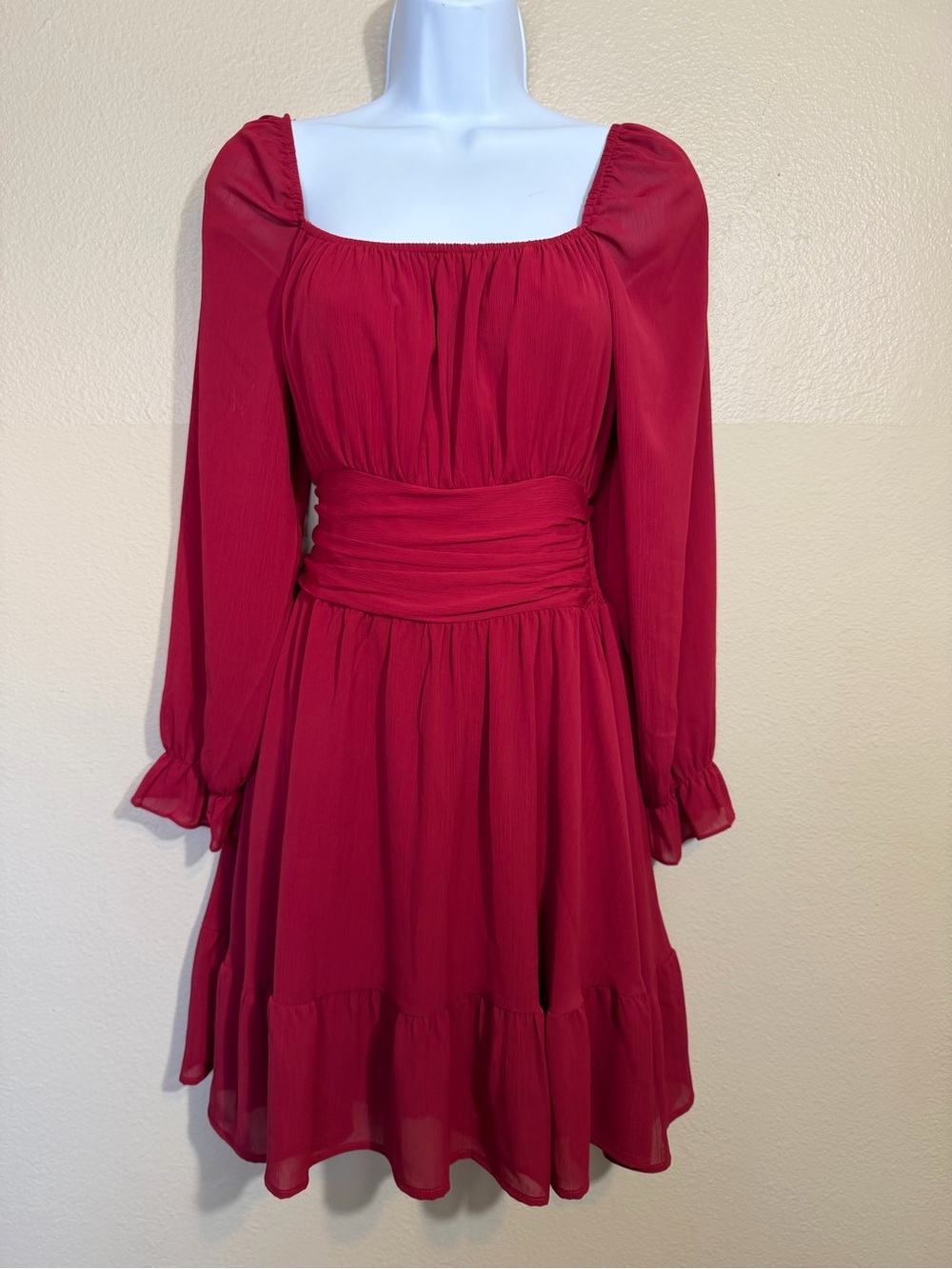 Red Square-Neck Long-Sleeve Mini Dress